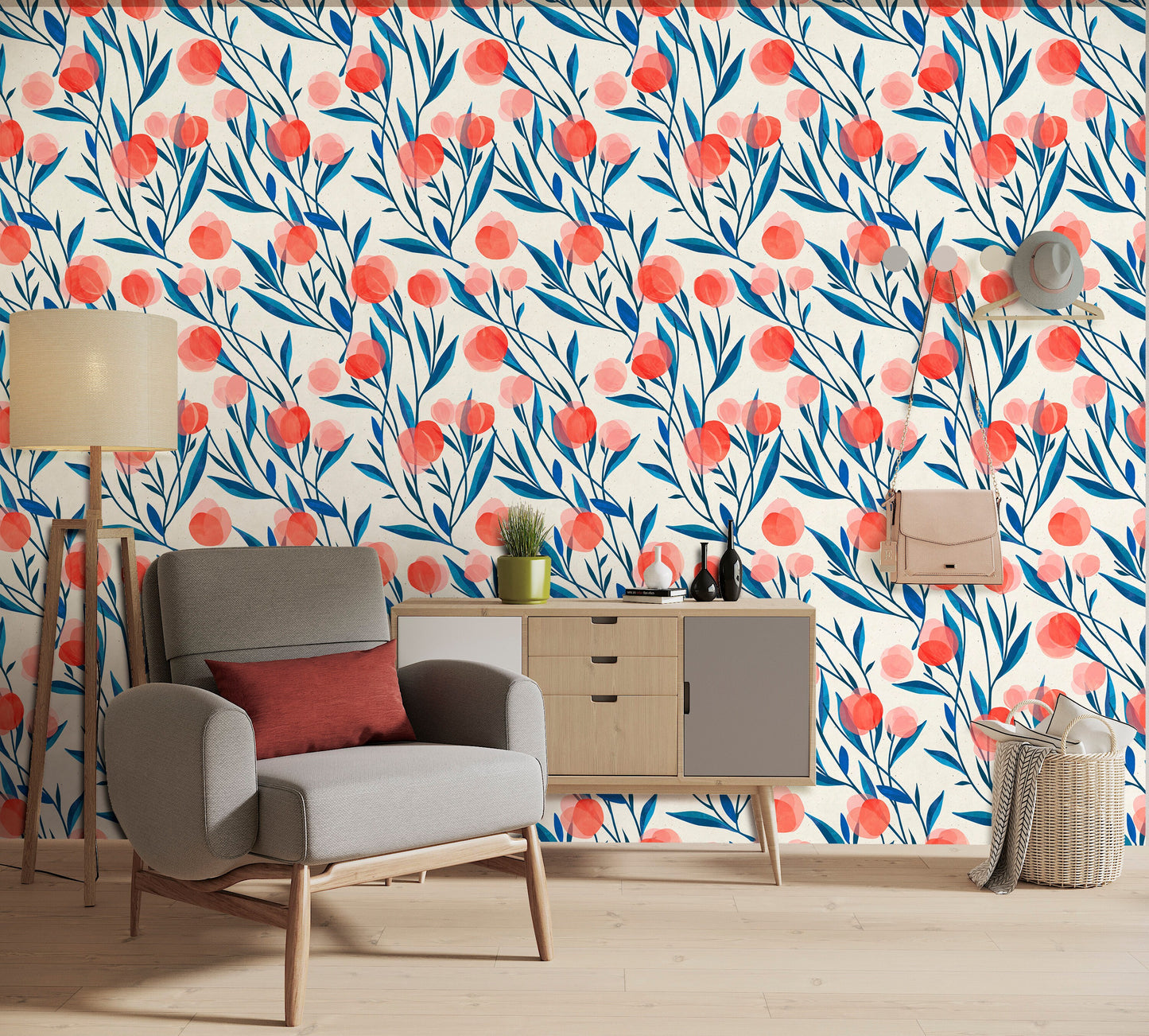 Red Tulips Wallpaper Peel and Stick, Blue Leaves Wallpaper, Removable Wall Paper