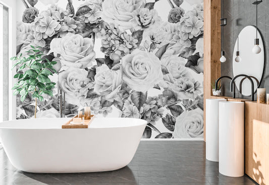 Big Flower Wallpaper Peel and Stick, Black and White Rose Wallpaper, Floral Wall Mural, Removable Wall Paper