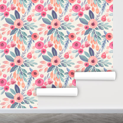 Pink Floral Wallpaper Peel and Stick, Watercolor Wallpaper, Removable Wall Paper