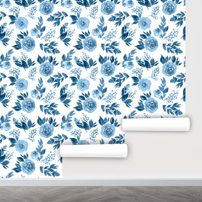 Blue Floral Wallpaper Peel and Stick, Watercolor Wallpaper Nursery, Removable Wall Paper
