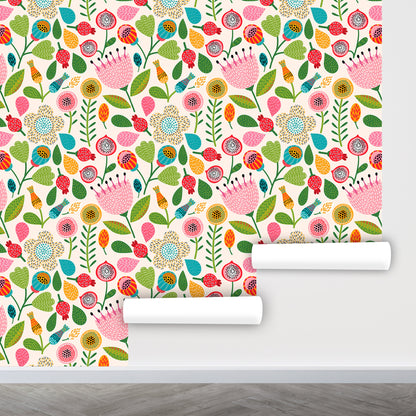 Embroidery Wallpaper Peel and Stick, Colorful Wallpaper, Scandinavian Wallpaper, Nursery Wallpaper, Removable Wall Paper