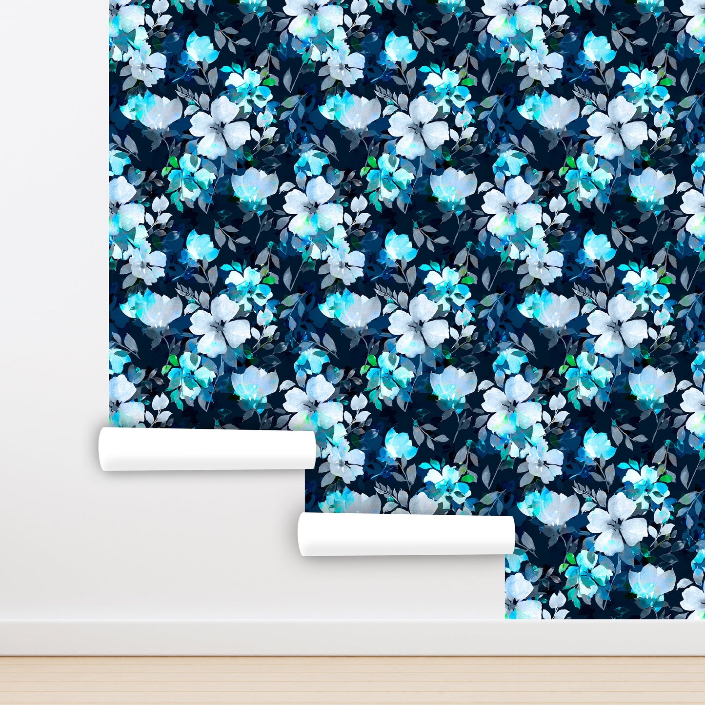 Blue Floral Wallpaper Peel and Stick, Moody Wallpaper, Watercolor Wallpaper, Removable Wall Paper