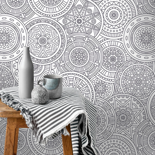 Mandala Wallpaper Peel and Stick, Arabic Wallpaper, Black and White Wallpaper, Removable Wall Paper