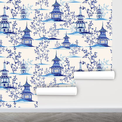 Pagoda Wallpaper Peel and Stick, Chinoiserie Wallpaper, Oriental Wallpaper, Removable Wall Paper