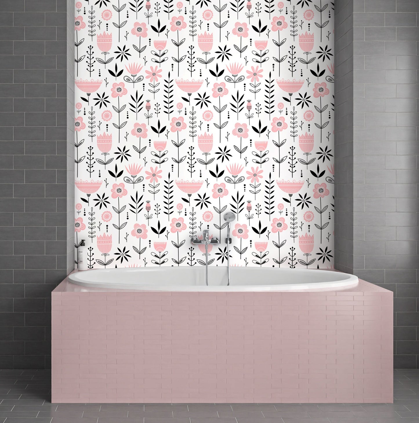 Pink Floral Wallpaper Peel and Stick, Scandinavian Wallpaper, Kids Room Wallpaper, Removable Wall Paper
