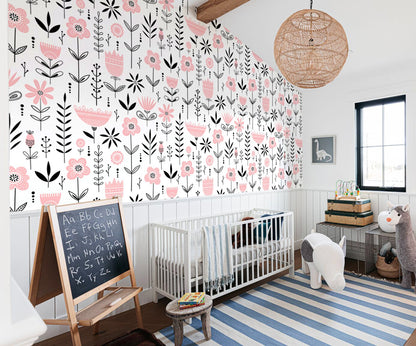 Pink Floral Wallpaper Peel and Stick, Scandinavian Wallpaper, Kids Room Wallpaper, Removable Wall Paper