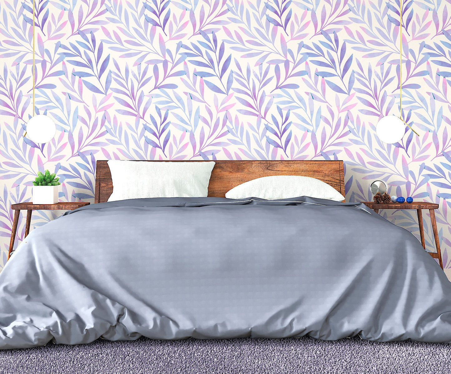 Soft Purple Wallpaper Peel and Stick, Pink Leaf Wallpaper, Botanical Wallpaper, Removable Wall Paper