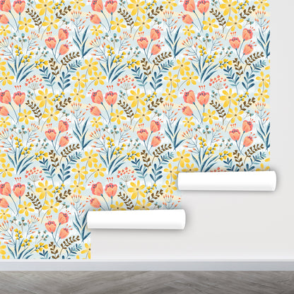 Tulip Wallpaper Peel and Stick, Yellow Floral  Wallpaper, Wildflower Wallpaper, Removable Wall Paper