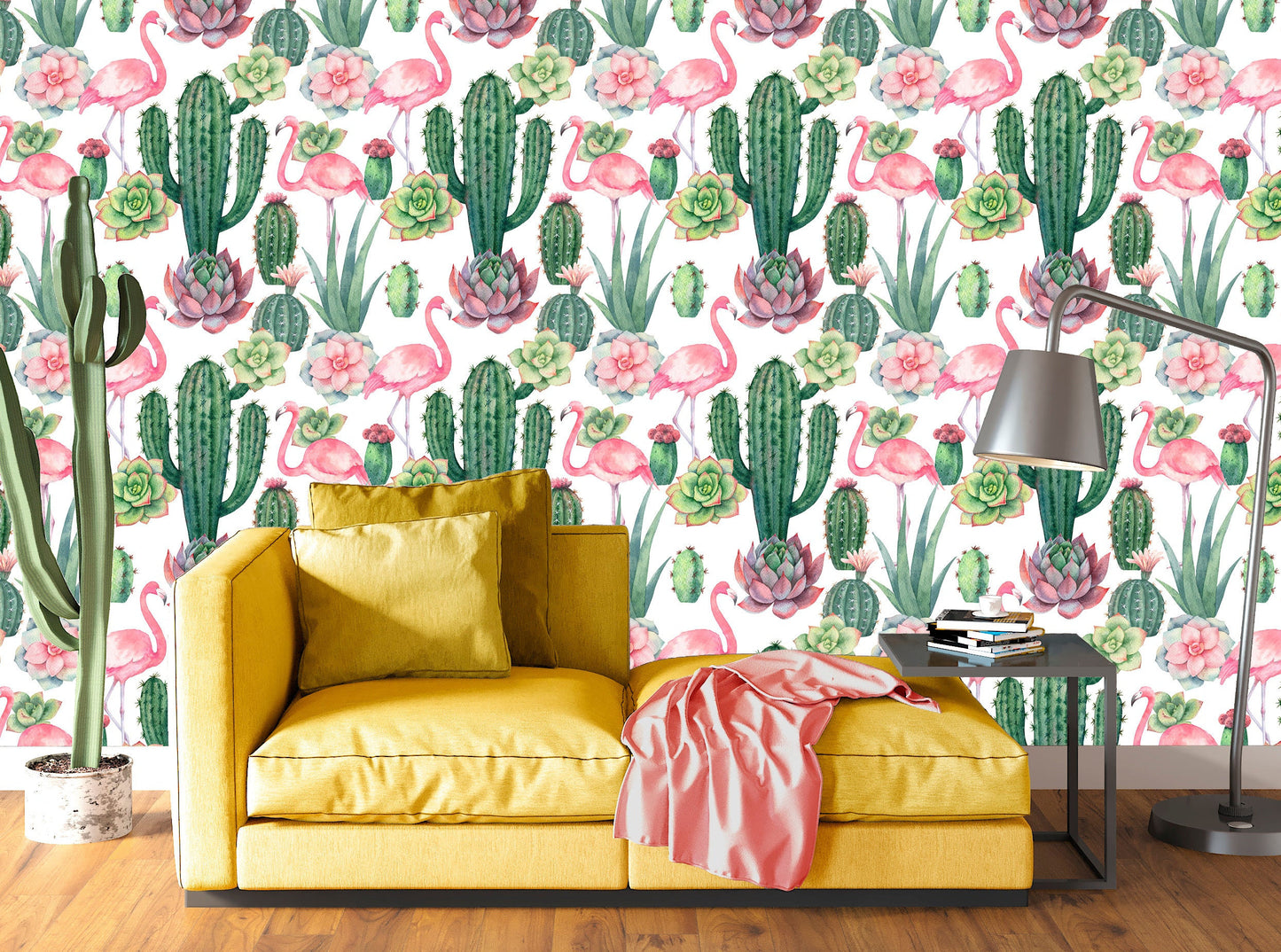 Cactus Wallpaper Peel and Stick, Flamingo Wallpaper, Tropical Wallpaper, Removable Wall Paper